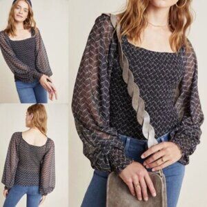 Anthropologie Smocked Puffed Sleeves Top SIZE L